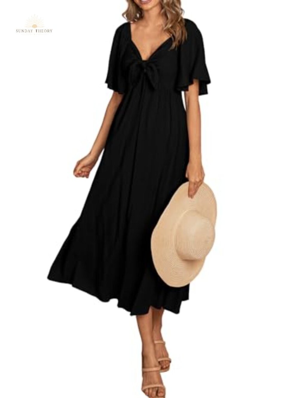 Women's Midi Dress V-Neck Bow Tie Short Sleeve A-Line Flowy Smocked Polyester